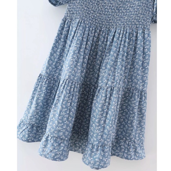 CLEARANCE Light Blue Floral Smocked Square Neck Mini Dress - Picture 3 of 10